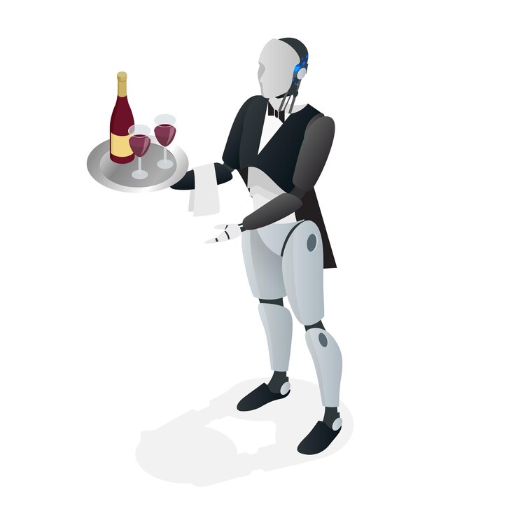 Vector camarero robot con esmoquin y guantes sosteniendo una bandeja de vino y copas y una servilleta. concepto de restaurante. ilustración vectorial isométrica plana.