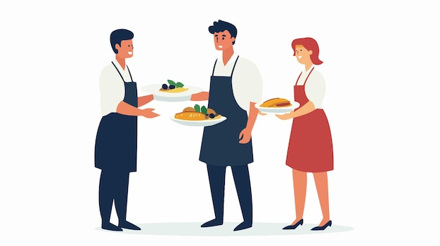 Camarero sirviendo un plato a clientes felices en una ilustración de vector plano