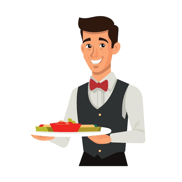 Camarero sonriente con el plato listo para servir a los clientes excelente servicio hospitalidad del restaurante