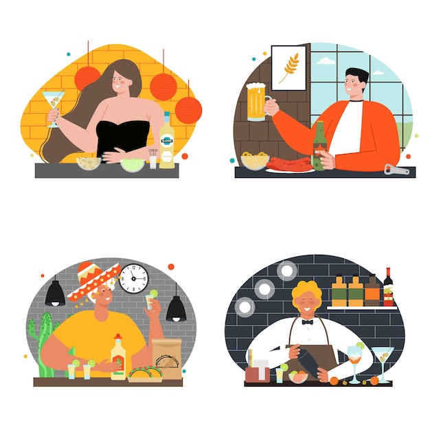 Camarero vector personaje plano haciendo alcohol conjunto