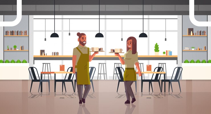 Vector camareros pareja llevando café y pasteles en bandeja