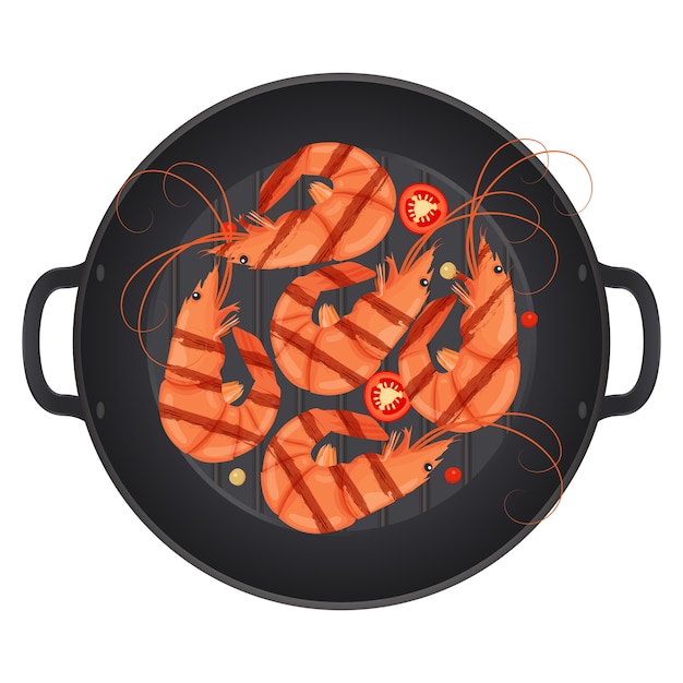 Camarón a la parrilla. Langostino tigre. Camarones en una sartén con chiles, aislado sobre fondo blanco. Concepto de nutrición de alimentos de mar. ilustración.