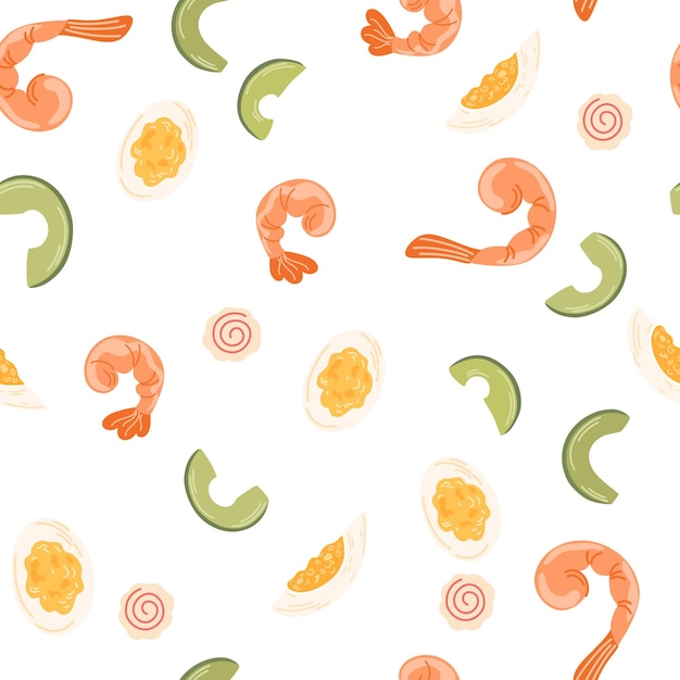 Camarones aguacate narutomaki patrón sin costuras Fondo de comida asiática Perfecto para restaurante café e imprimir menús Ilustración de dibujos animados de dibujo a mano vectorial