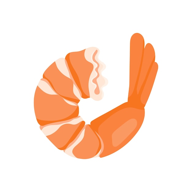 Camarones hervidos pelados con una cola en estilo de dibujos animados Icono o insignia con un plato de cocina asiática y mariscos