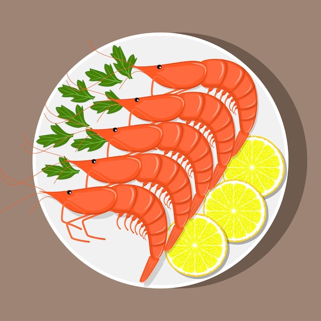 Vector camarones con limón y hierbas en la vista superior de la placa blanca mariscos ilustración vectorial en estilo plano