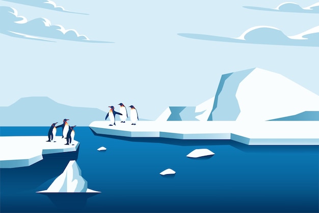 El cambio climático es real. Pingüino en el derretimiento del hielo de la montaña y el aumento del nivel del mar ilustración vectorial