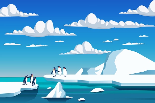 El cambio climático es real. Pingüino en el derretimiento del hielo de la montaña y el aumento del nivel del mar a la luz del día vector