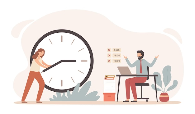 Cambio de control de gestión del tiempo de trabajo en la oficina Fecha límite de trabajo del horario comercial vectorial e ilustración de productividad