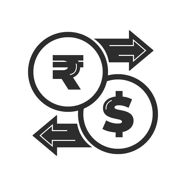 Cambio de divisas. conversión de dinero. icono de rupia a dólar aislado sobre fondo blanco con flecha