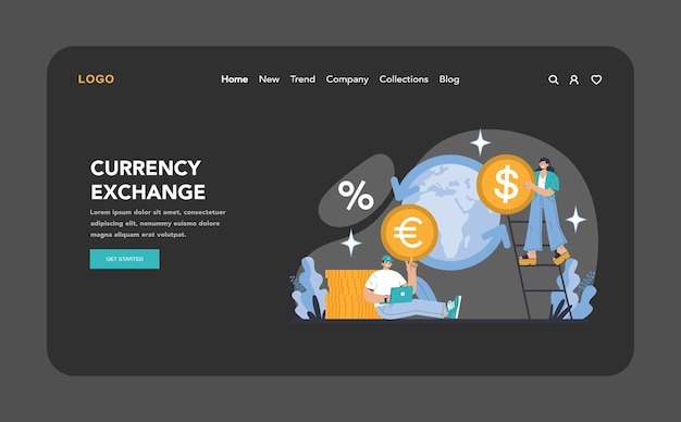 Cambio de divisas de noche o modo oscuro web o página de aterrizaje racionalizando las transacciones globales con fácil