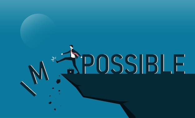 Cambio de empresario imposible a texto posible en la cima de la montaña Éxito empresarial desafío motivación logro y concepto de objetivo