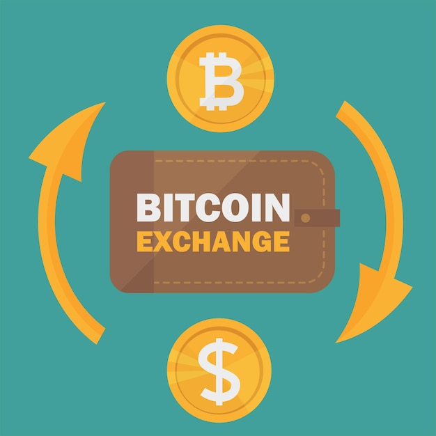Cambio de moneda dólar a bitcoin. Intercambio de Bitcoin con símbolo de moneda bitcoin y signo de otras monedas. Tecnología de criptomonedas. Ilustración vectorial