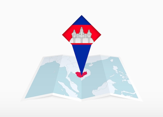 Camboya está representada en un mapa de papel plegado y marcador de ubicación fijado con la bandera de camboya.