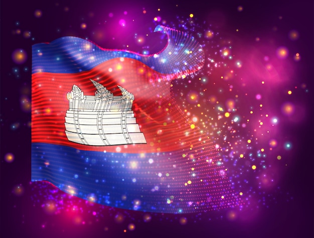 Camboya vector 3d bandera sobre fondo rosa púrpura con iluminación y bengalas