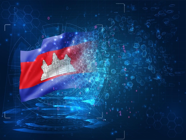 Camboya, vector bandera 3d sobre fondo azul con interfaces hud