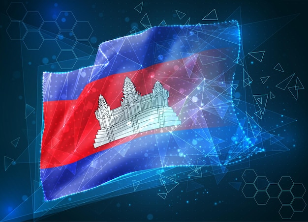 Camboya, vector bandera, objeto virtual abstracto 3d de polígonos triangulares sobre un fondo azul.
