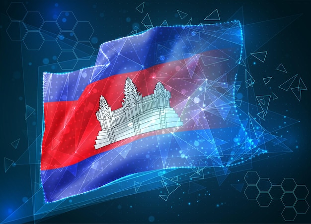 Camboya, vector bandera, objeto virtual abstracto 3D de polígonos triangulares sobre un fondo azul.