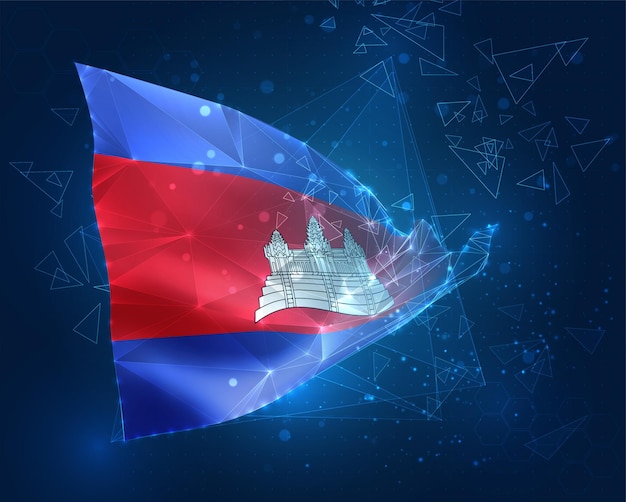 Camboya vector bandera virtual abstracto objeto 3D de polígonos triangulares sobre un fondo azul