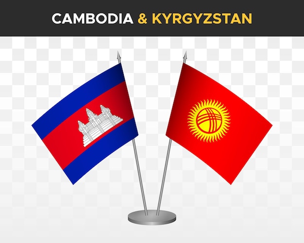 Camboya vs kirguistán escritorio banderas maqueta aislado 3d vector ilustración mesa banderas