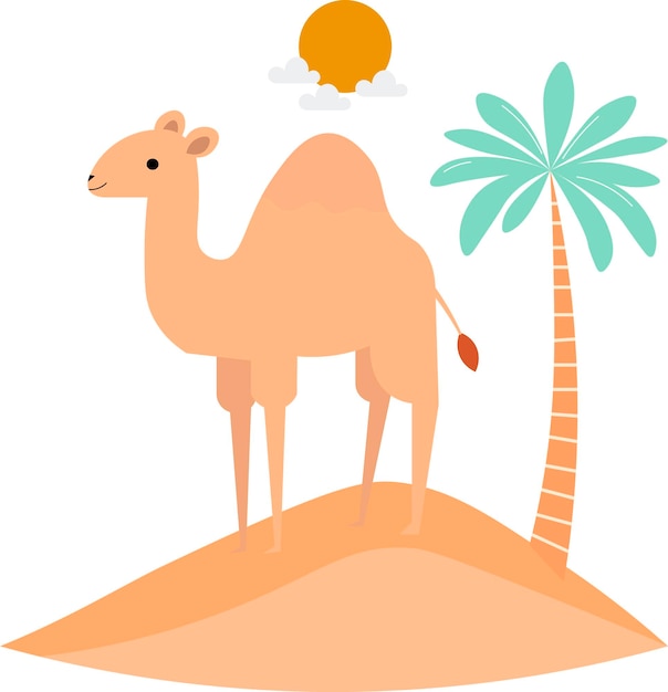 Camello en el desierto con ilustración de sol y arena