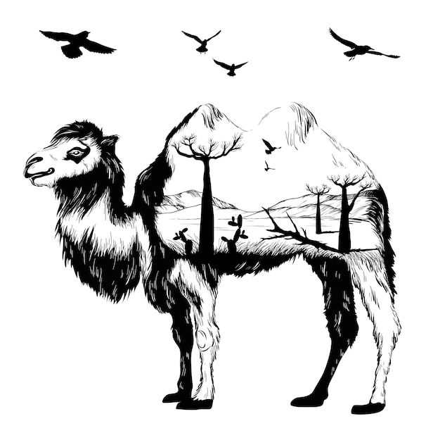 Camello dibujado a mano de doble exposición vectorial