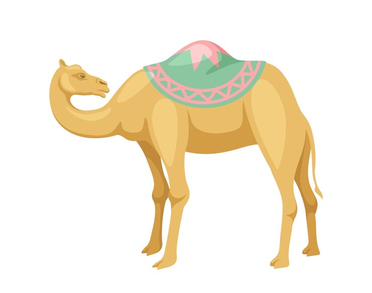 Vector camello indio con concepto de silla de montar animal con ropa tradicional india pegatina para redes sociales y mensajeros ilustración de vector plano de dibujos animados aislado sobre fondo blanco