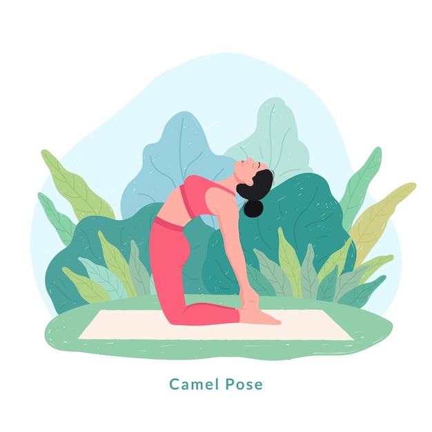 Vector camello, postura del yoga, mujer joven, practicar, yoga, ejercicio