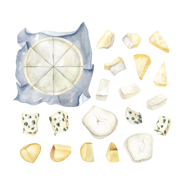 Vector camembert en papel de regalo y trozos de otro queso ilustración acuarela clipart vectorial