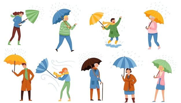 Caminando bajo un paraguas Gente Personajes en un juego de ilustraciones vectoriales de un día lluvioso
