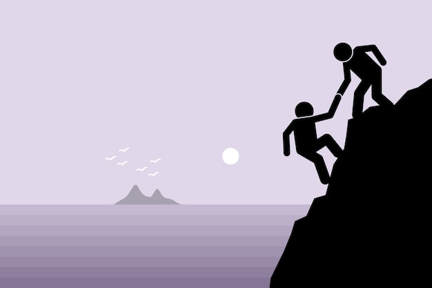 Caminante ayudando a un amigo en el acantilado de la montaña. Concepto de apoyo, trabajo en equipo, asociación y confianza.