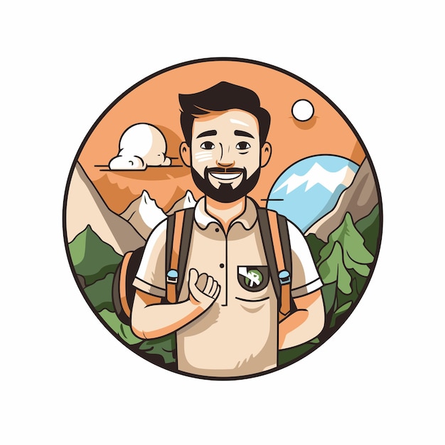 Caminante con mochila en las montañas Ilustración vectorial sobre fondo blanco