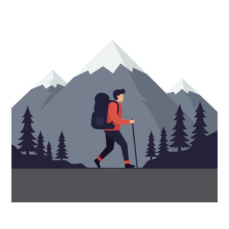 Vector caminante en el paisaje de montaña con árboles en arte vectorial plano