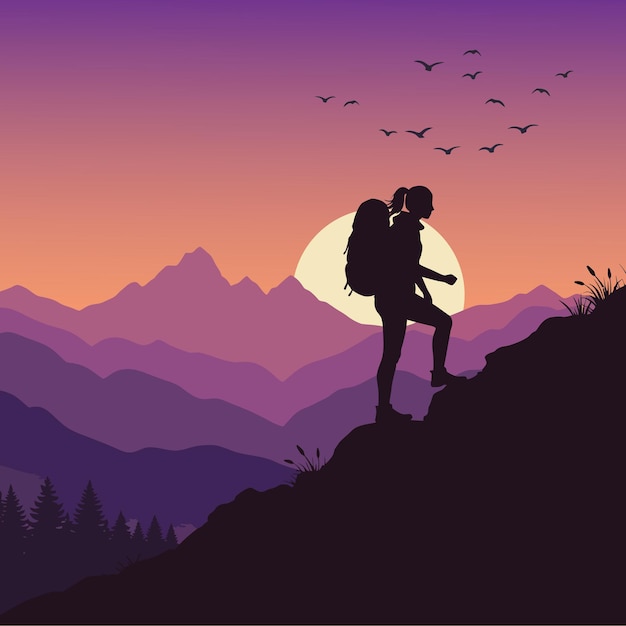 Caminar hacia la puesta de sol una aventura de mujer en las montañas