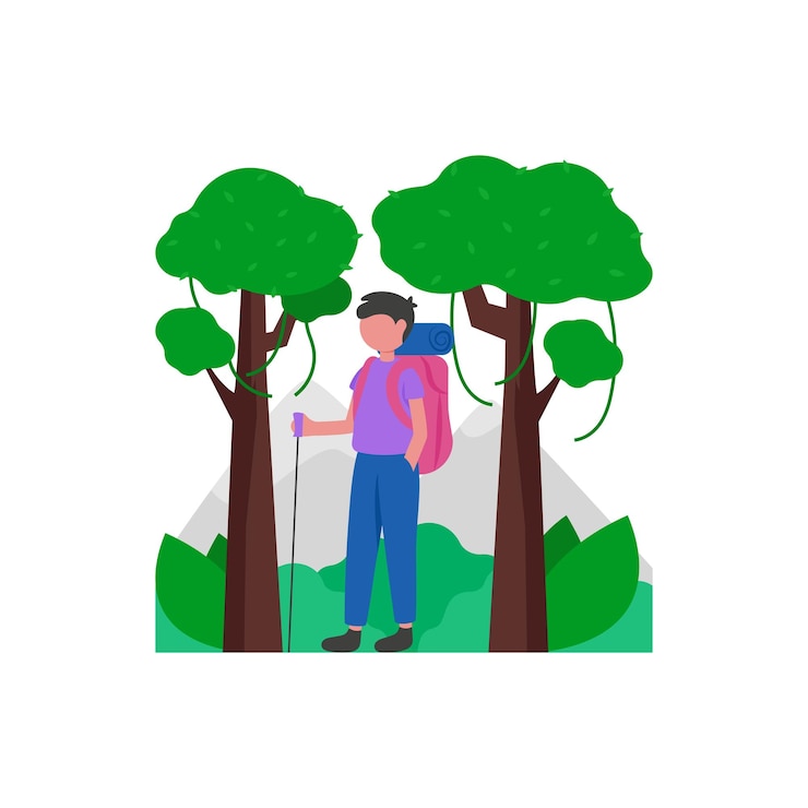 Vector caminata por el bosque aventura y exploración en la naturaleza