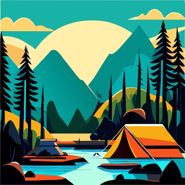 Vector caminata y fondo de tienda con bosque fluvial