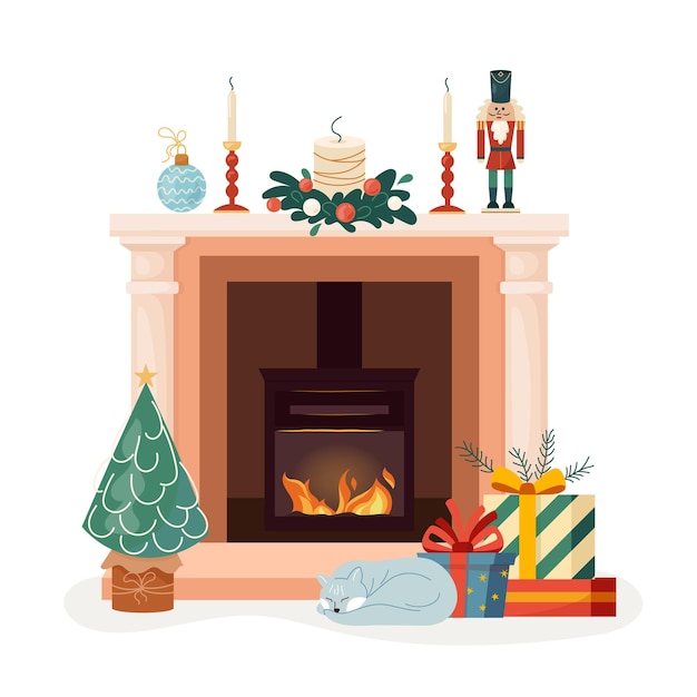 Caminera clásica decorada para las vacaciones de invierno acogedora interior hoguera decoración de chimenea cascanueces