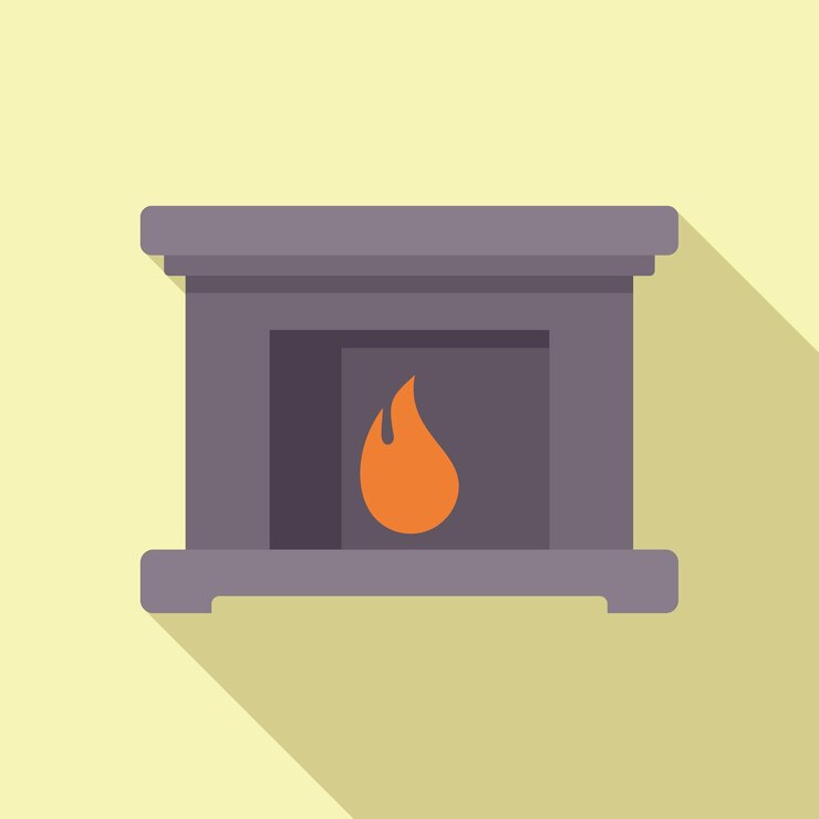 Vector caminera moderna que arde con llama naranja icono de diseño plano con sombra larga