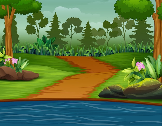 Camino al río con una ilustración del bosque