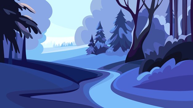 Camino en el bosque de invierno al atardecer. Hermoso paisaje natural.
