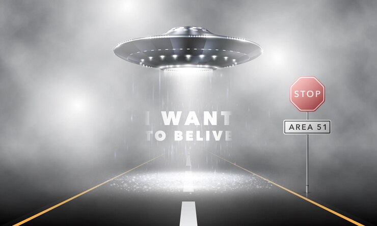Vector camino brumoso por la noche. un objeto volador no identificado se cierne sobre la carretera. los extraterrestres en una nave espacial están invadiendo la zona 51. ilustración vectorial