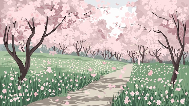Camino de las cerezas a través del campo de flores