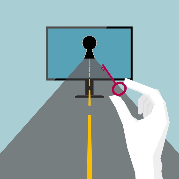 Vector un camino conduce al monitor y hay un ojo de cerradura en el monitor. sosteniendo una llave en la mano.