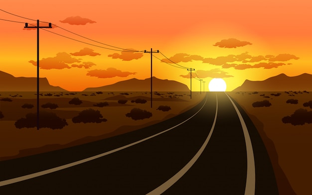 Vector camino del desierto con puesta de sol