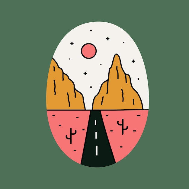 El camino en el diseño de la naturaleza del desierto para el diseño de la camiseta del parche de la etiqueta engomada de la insignia