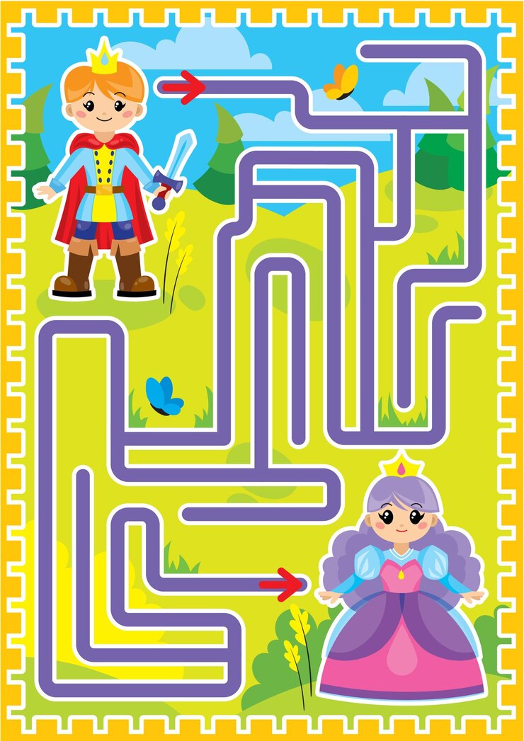 Vector camino laberíntico o camino del príncipe a la princesa a través de los campos y bosques juego de rompecabezas infantil para el libro.