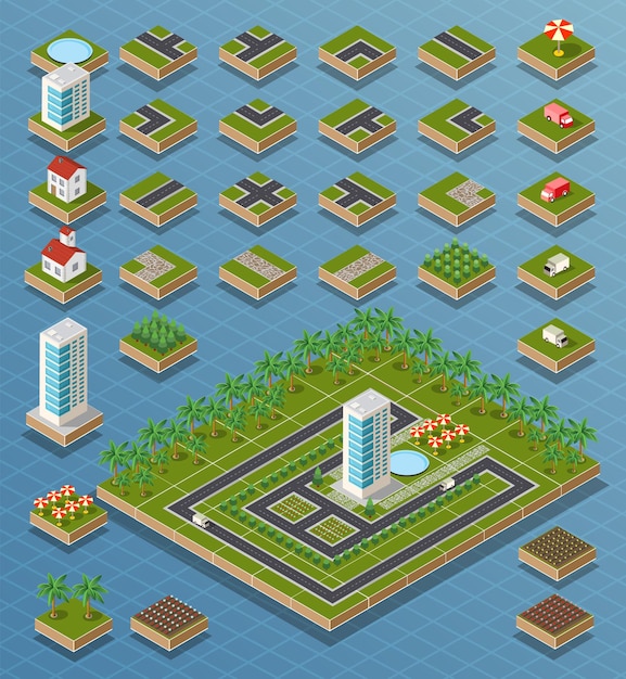 El camino del mapa de la ciudad isométrica, los árboles y los elementos del hogar del edificio fijaron el ejemplo aislado del vector