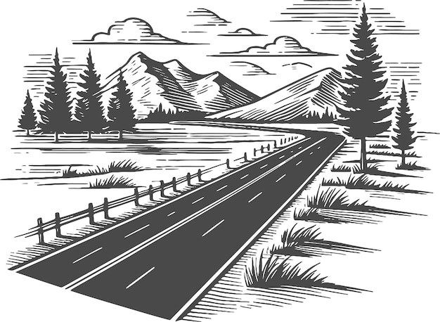 Camino de montaña con pinos y valla en estilo de grabado