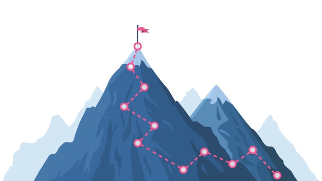 Camino de progresión de montaña. Ruta de progreso de escalada, superación de picos de montaña, camino de escalada con bandera roja en la ilustración superior. Infografía de camino, camino de progreso al pico