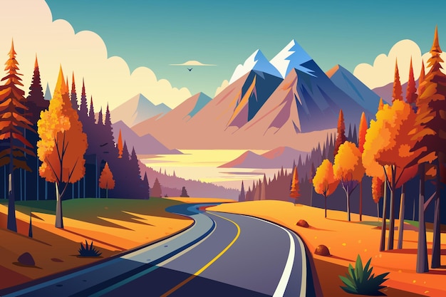 Un camino sinuoso en medio de coloridos árboles de otoño con montañas en la distancia