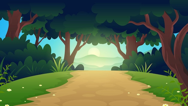 Camino de tierra en medio de la ilustración de vector de dibujos animados de bosque
